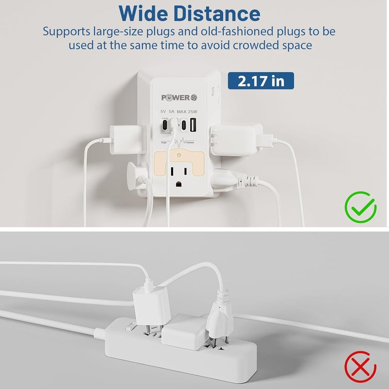 POWERS Electrical Outlet Extender with USB Ports (3C1A), Snug Wall Outlet with Night Light, Surge Protector, Wall Plug Adapter for Multiple Devices, Wall Socket Expander - Image 5